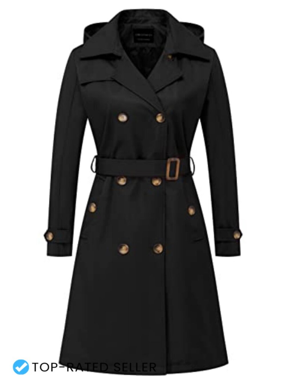 Women's Long Trench Coat Double-Breasted Belted Detachable Hood